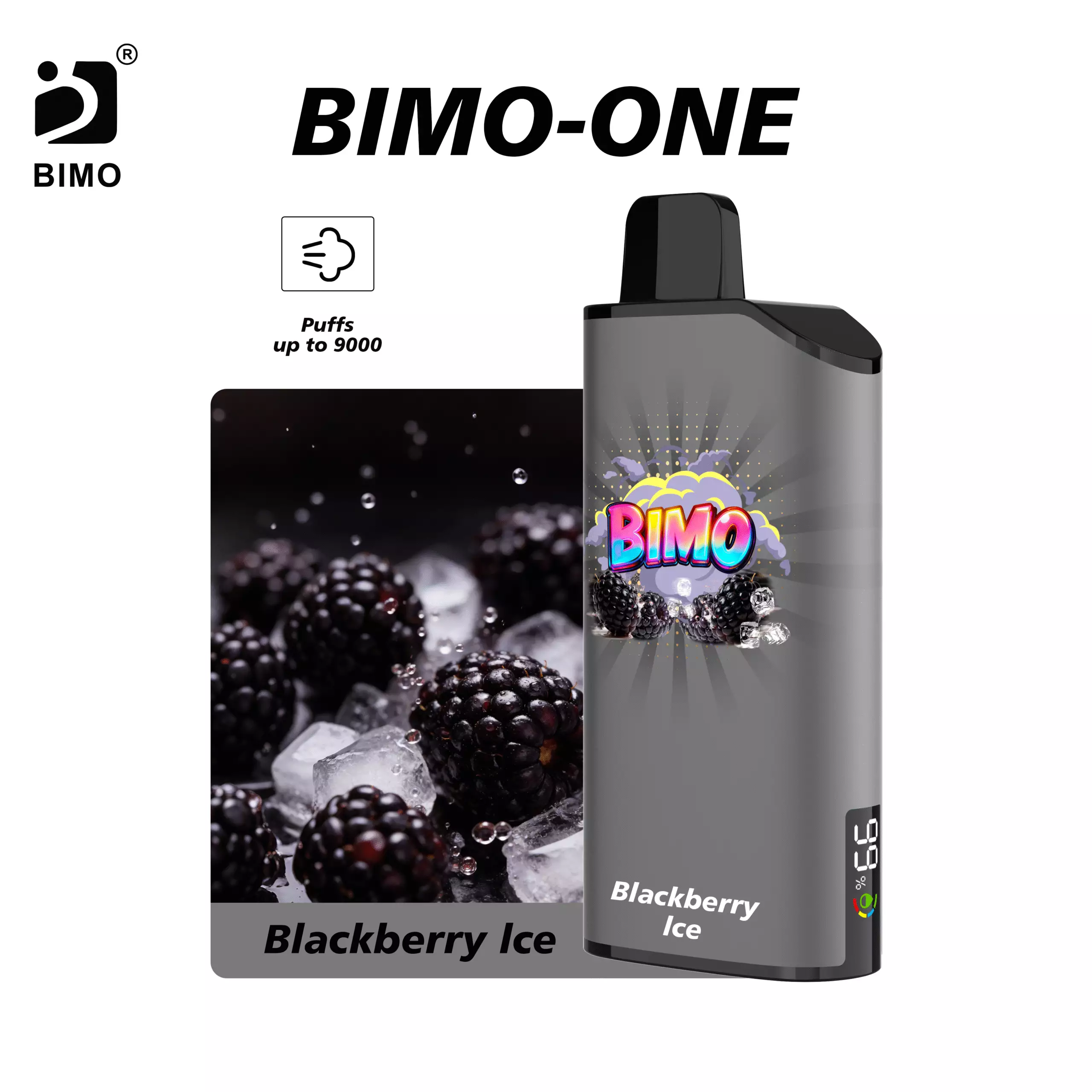 Smart Hardware Meets Dark Berry Chill: The BIMO ONE 9000 Puffs in Blackberry Ice, featuring an integrated real-time monitoring display, available at Vapelink Aus.