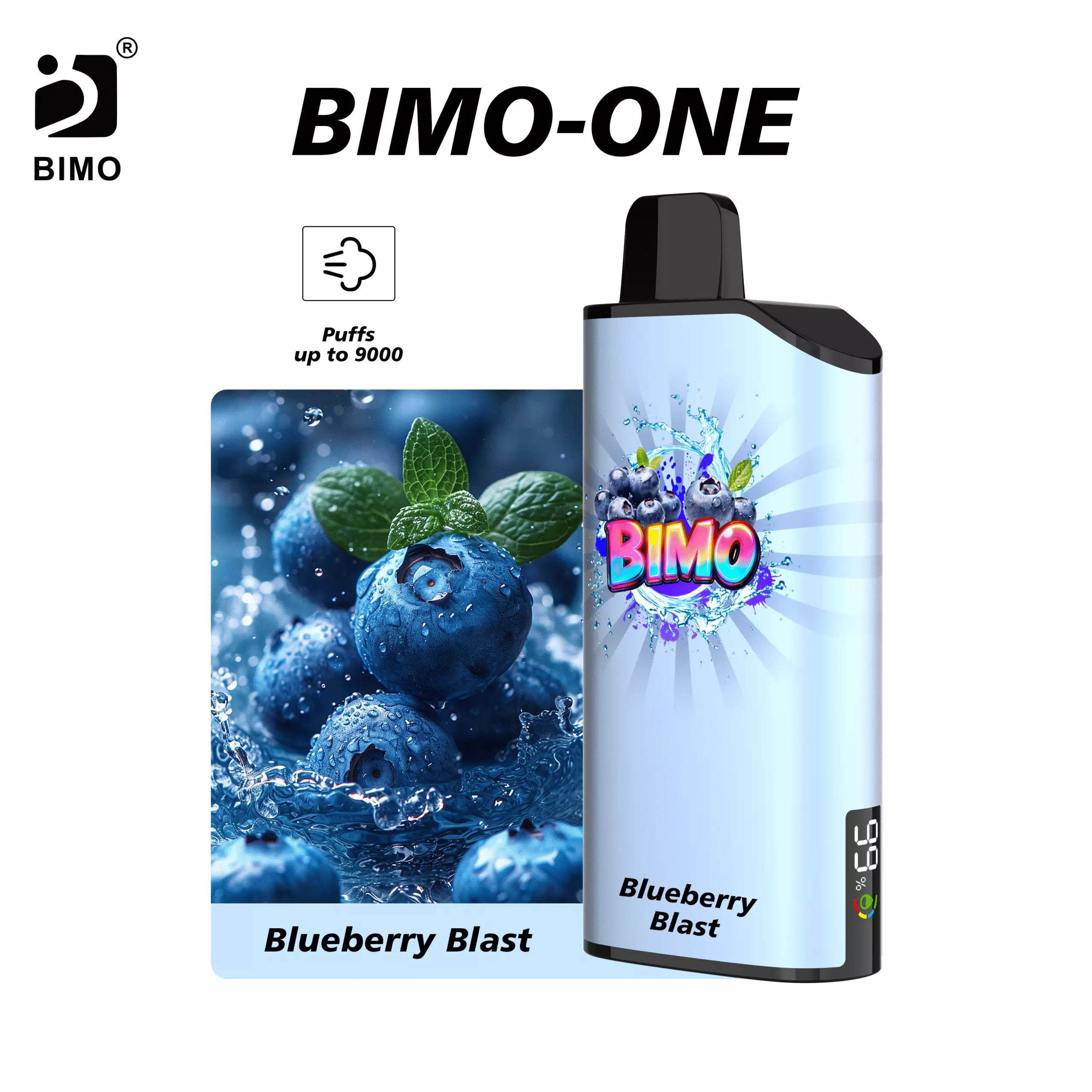 Smart Hardware Meets Vibrant Fruit Flavors: The BIMO ONE 9000 Puffs in Blueberry Blast, featuring an integrated real-time monitoring display, available at Vapelink Aus.