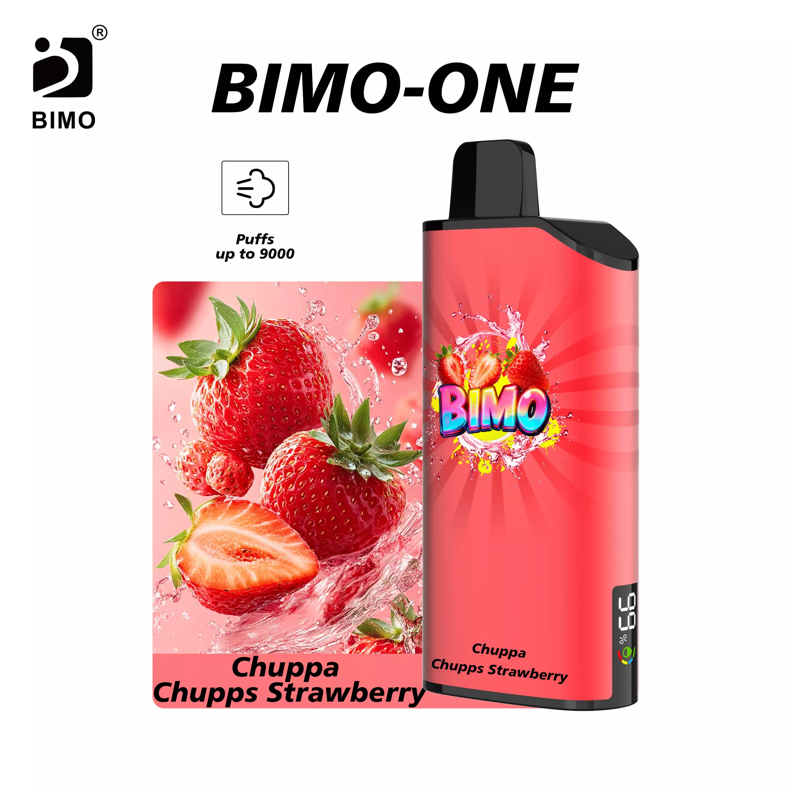 Smart Hardware Meets Nostalgic Candy Flavor: The BIMO ONE 9000 Puffs in Chuppa Chupps Strawberry, featuring an integrated real-time monitoring display, available at Vapelink Aus.