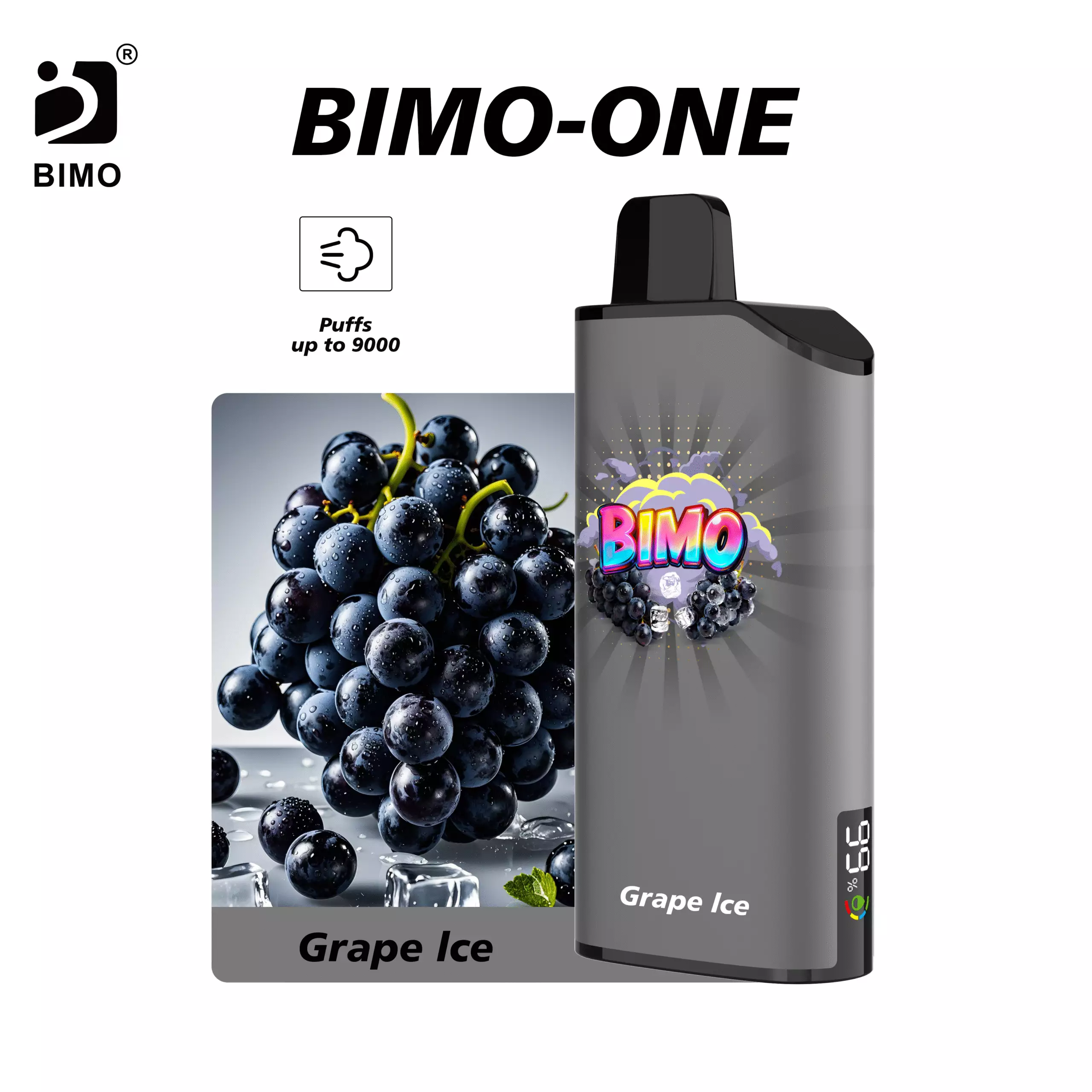 Smart Hardware Meets Luscious Fruit Chill: The BIMO ONE 9000 Puffs in Grape Ice, featuring an integrated real-time monitoring display, available at Vapelink Aus.