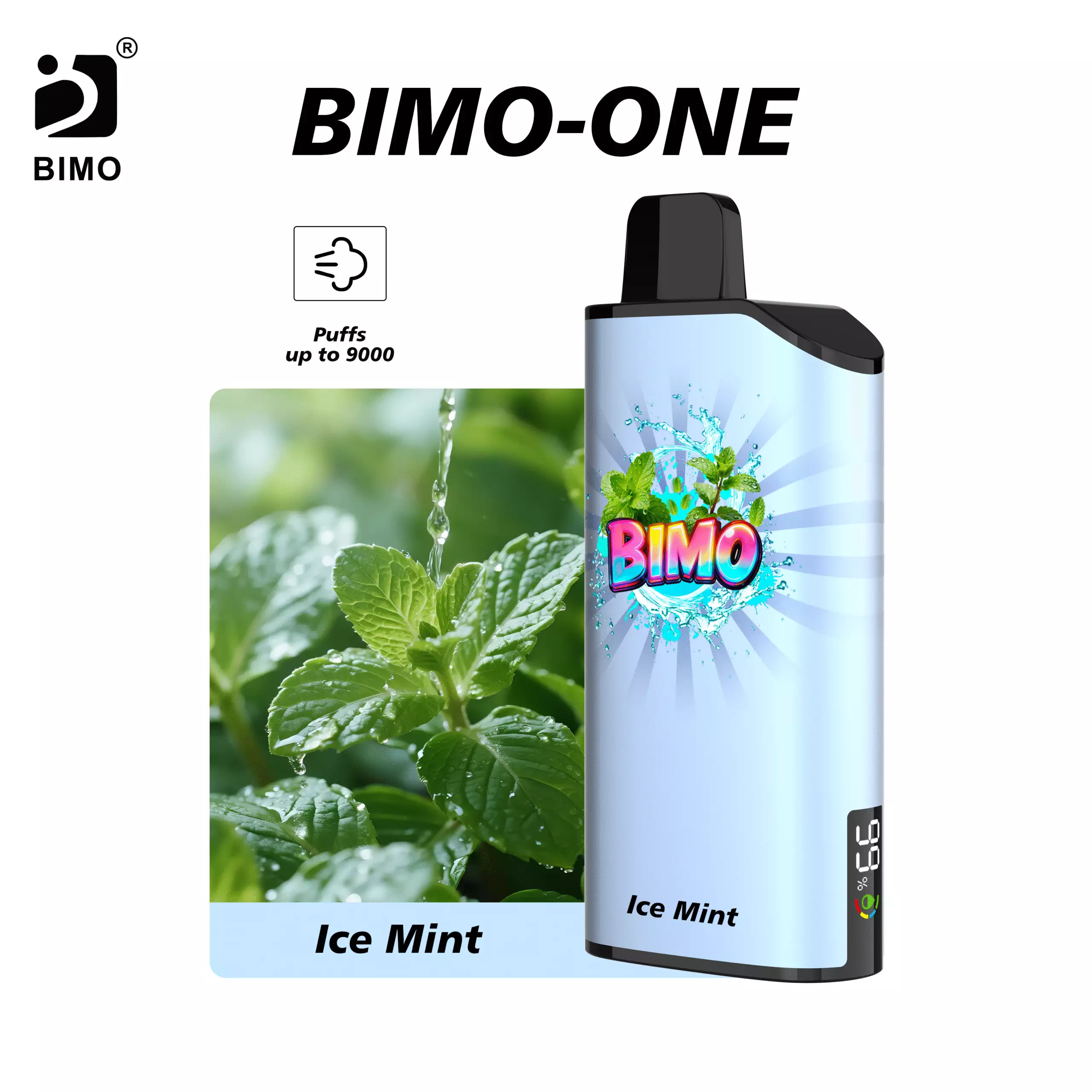 Smart Hardware Meets Brilliantly Crisp Flavor: The BIMO ONE 9000 Puffs in Ice Mint, featuring an integrated real-time monitoring display, available at Vapelink Aus.