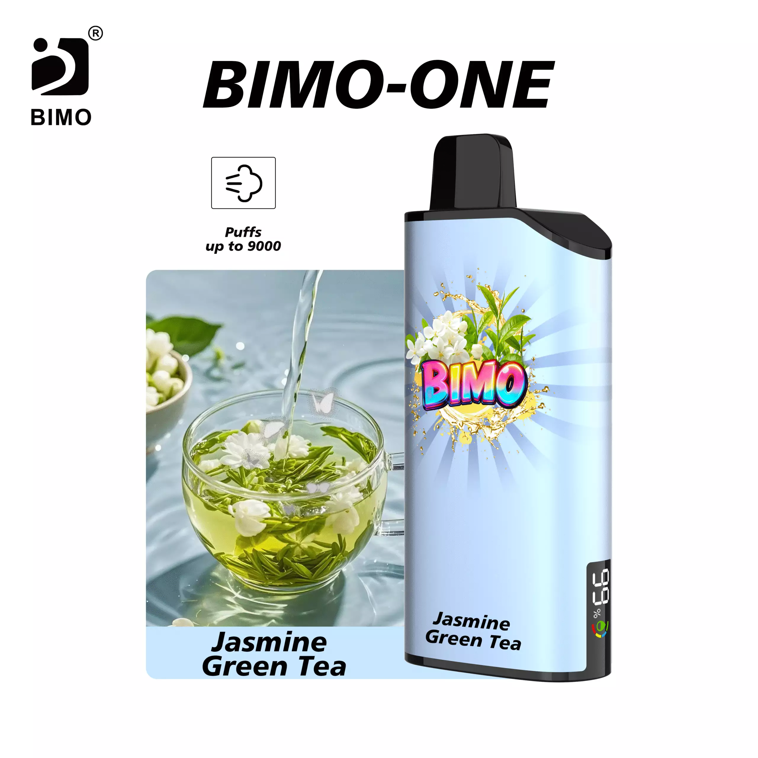 : Smart Hardware Meets Botanical Luxury: The BIMO ONE 9000 Puffs in Jasmine Green Tea, featuring a real-time tracking display, available at Vapelink Aus.