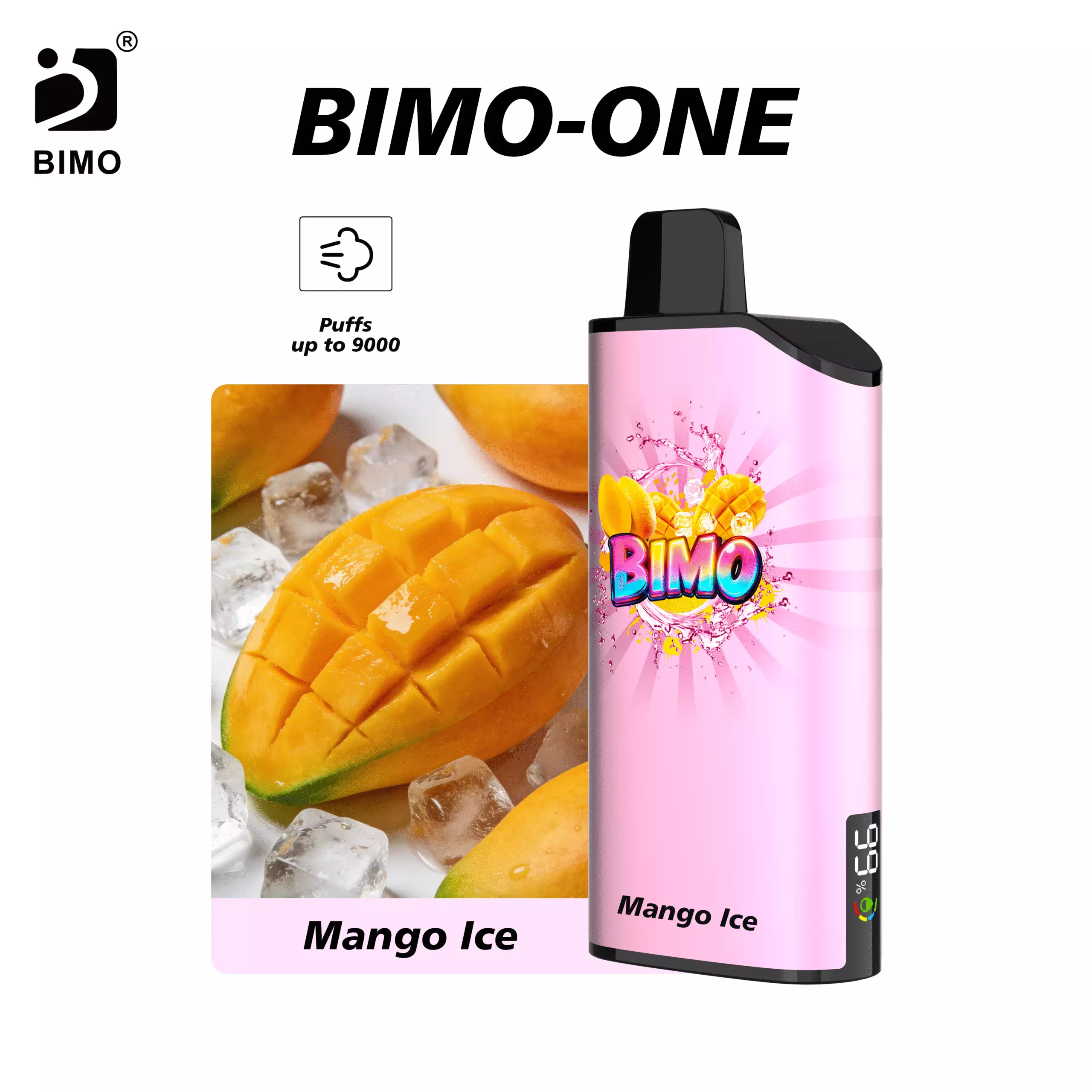 Smart Hardware Meets Icy Fruit: The BIMO ONE 9000 Puffs in Mango Ice, featuring a real-time tracking display, available at Vapelink Aus.