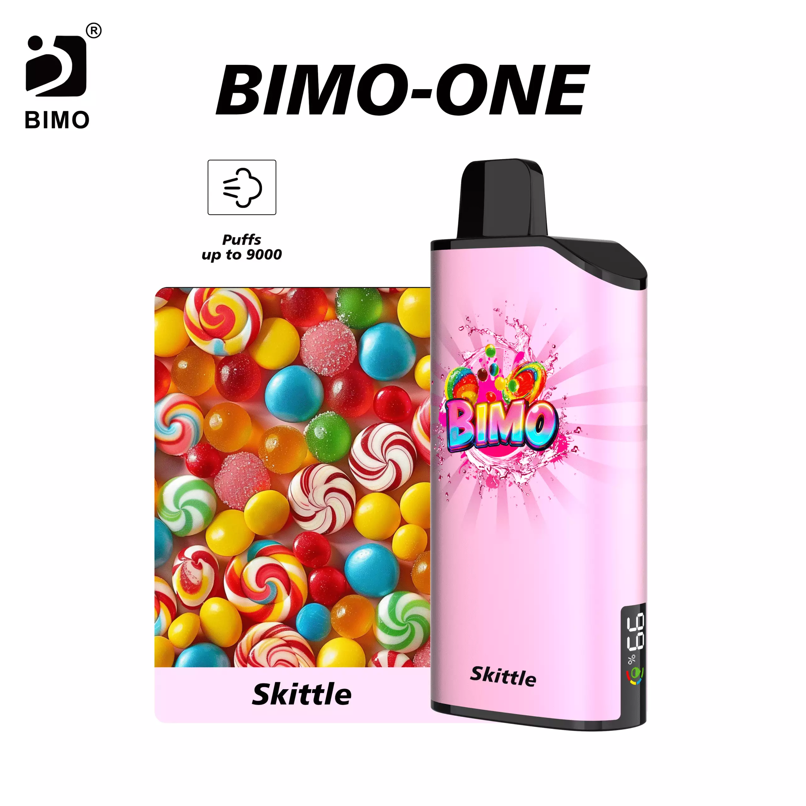 Smart Hardware Meets Rainbow Candy Burst: The BIMO ONE 9000 Puffs in Skittle flavor, featuring an integrated real-time monitoring display, available at Vapelink Aus.