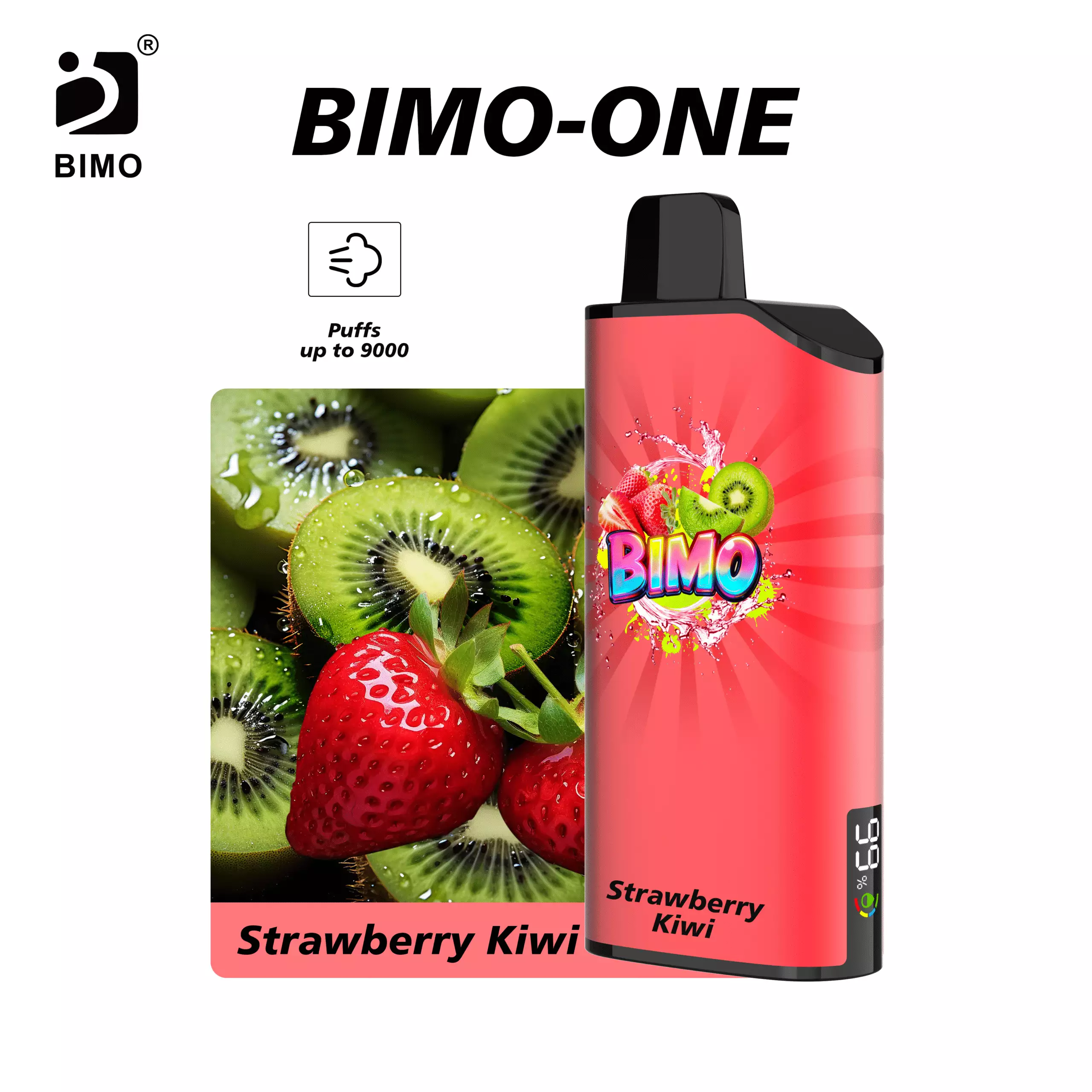 Smart Hardware Meets Sweet Tangy Fusion: The BIMO ONE 9000 Puffs in Strawberry Kiwi, featuring an integrated real-time monitoring display, available at Vapelink Aus.