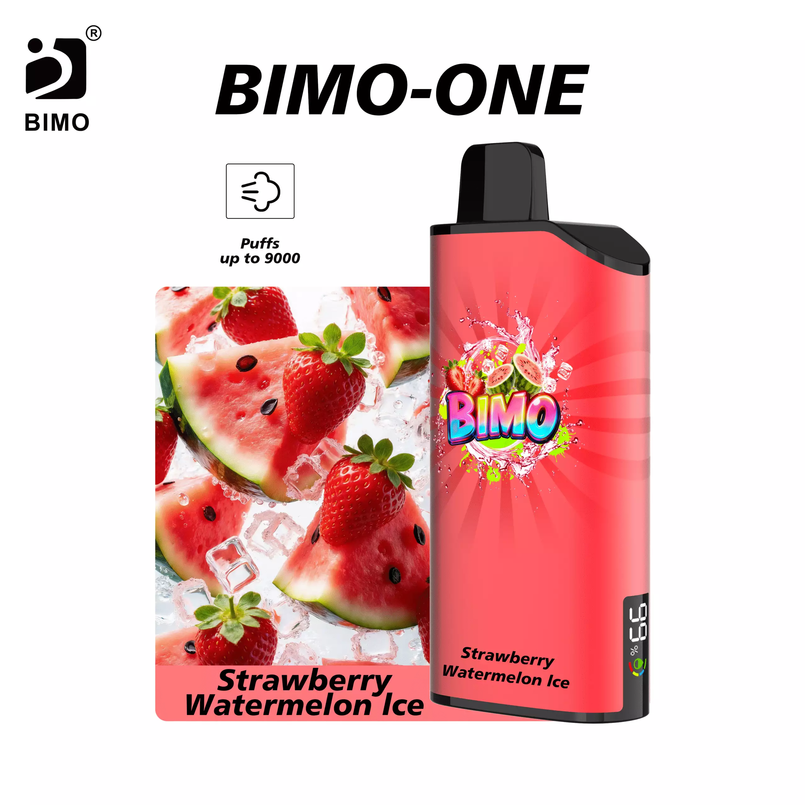 Smart Hardware Meets Ultimate Summer Refreshment: The BIMO ONE 9000 Puffs in Strawberry Watermelon Ice, featuring an integrated real-time monitoring display, available at Vapelink Aus.