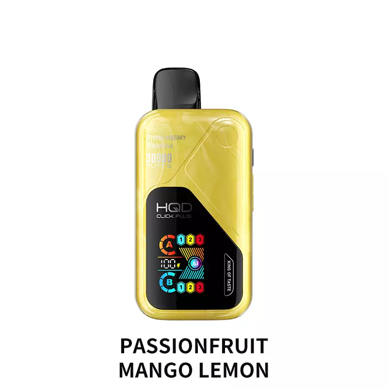 Revolutionary Dual-Tank Engineering Meets Zesty Tropical Paradise: The ground-breaking HQD Click Plus 30000 in a complex Passionfruit Mango Lemon blend, available now at Vapelink Aus.