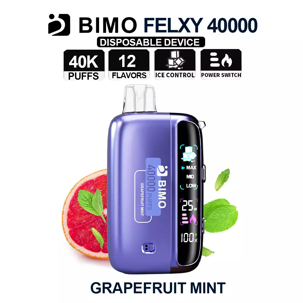 Next-Gen Lifespan Meets Zesty Herb Refreshment: The BIMO Felxy 40000 Kit in Grapefruit Mint, equipped with a comprehensive tracking dashboard, available at Vapelink Aus.