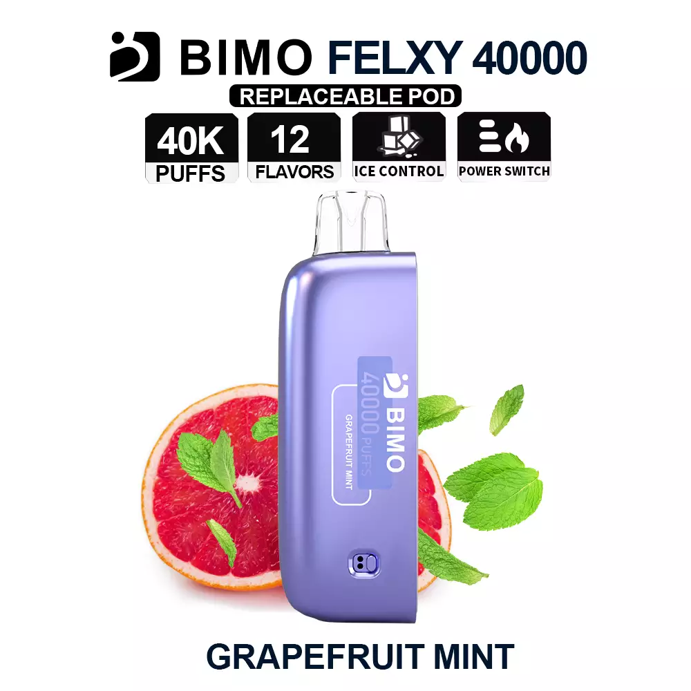 Next-Gen Longevity Meets Zesty Citrus Freshness: The replacement BIMO Felxy 40000 Pod in Grapefruit Mint, engineered for the Felxy smart ecosystem, available at Vapelink Aus.