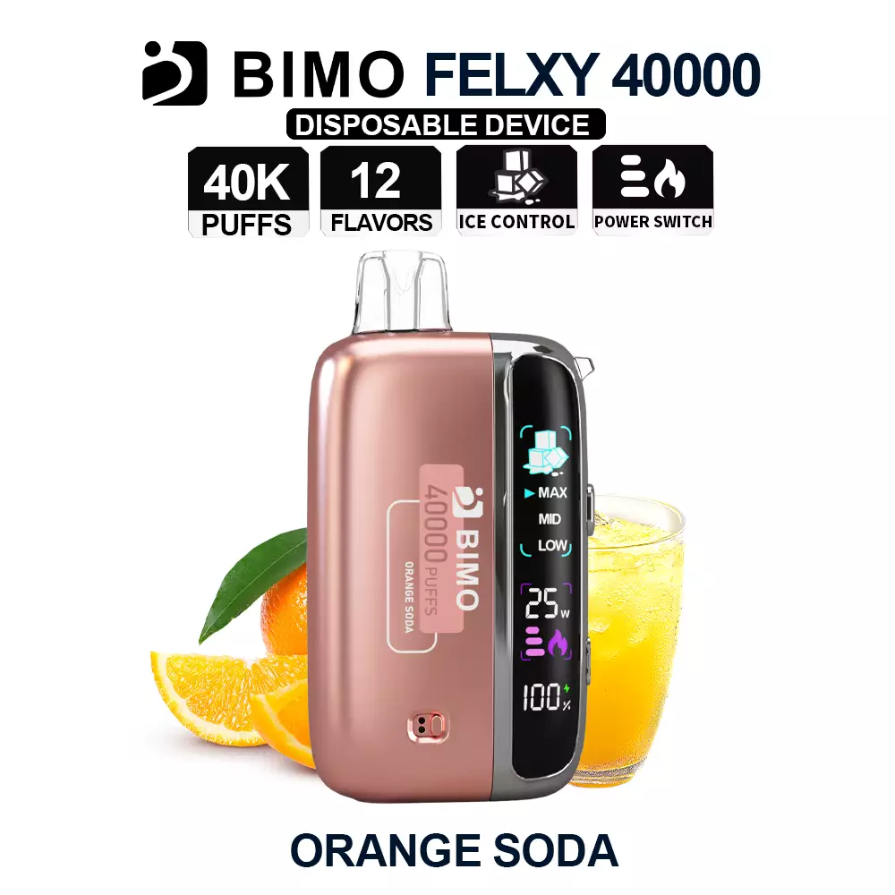 Next-Gen Lifespan Meets Effervescent Citrus Nostalgia: The BIMO Felxy 40000 Kit in Orange Soda, equipped with a comprehensive tracking dashboard, available at Vapelink Aus.