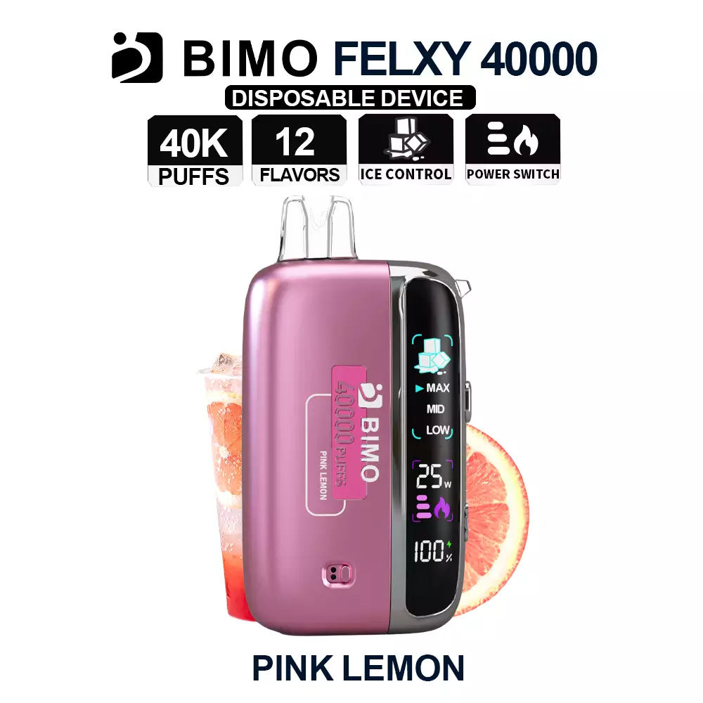 Next-Gen Lifespan Meets Zesty Pink Citrus Refreshment: The BIMO Felxy 40000 Kit in Pink Lemon, equipped with a comprehensive tracking dashboard, available at Vapelink Aus.